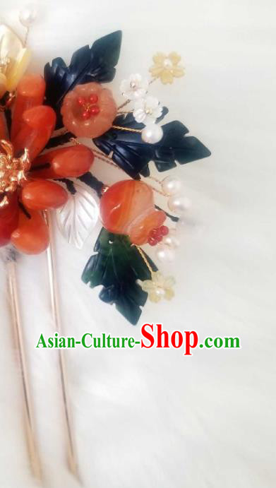 Chinese Handmade Red Chrysanthemum Hairpin Traditional Ming Dynasty Princess Ceregat Pearls Hair Stick