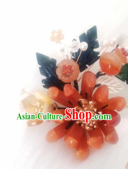 Chinese Handmade Red Chrysanthemum Hairpin Traditional Ming Dynasty Princess Ceregat Pearls Hair Stick