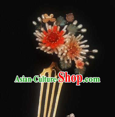 Chinese Handmade Pearls Chrysanthemum Hairpin Traditional Song Dynasty Empress Hair Comb