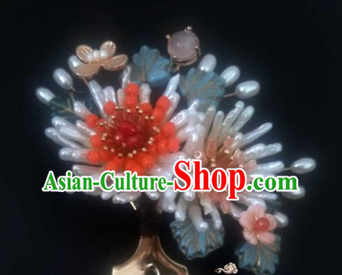Chinese Handmade Pearls Chrysanthemum Hairpin Traditional Song Dynasty Empress Hair Comb