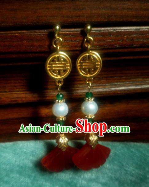 China Traditional Red Ginkgo Leaf Earrings Ancient Ming Dynasty Golden Ear Jewelry