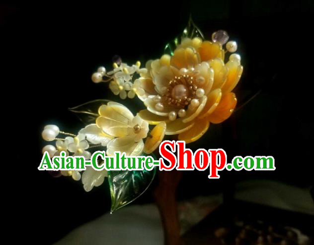 Chinese Handmade Yellow Shell Peony Hairpin Traditional Ming Dynasty Osmanthus Hair Stick