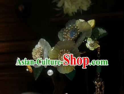 Chinese Handmade Shell Flowers Hairpin Traditional Ming Dynasty Pearls Tassel Hair Stick