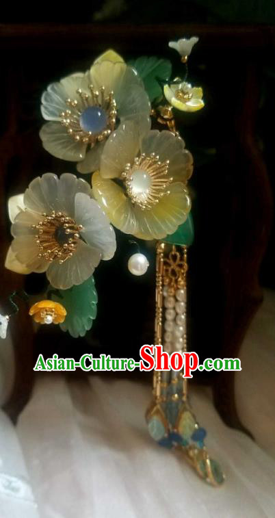 Chinese Handmade Shell Flowers Hairpin Traditional Ming Dynasty Pearls Tassel Hair Stick