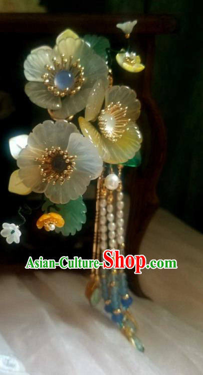 Chinese Handmade Shell Flowers Hairpin Traditional Ming Dynasty Pearls Tassel Hair Stick