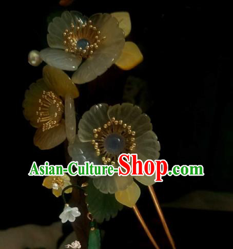 Chinese Handmade Shell Flowers Hairpin Traditional Ming Dynasty Pearls Tassel Hair Stick