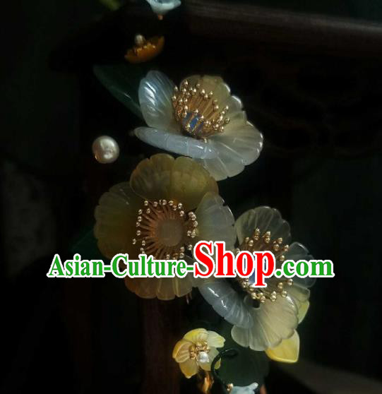 Chinese Handmade Shell Flowers Hairpin Traditional Ming Dynasty Pearls Tassel Hair Stick