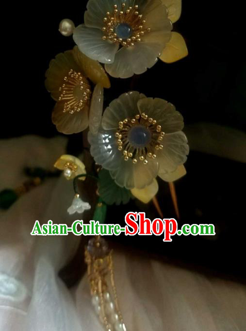 Chinese Handmade Shell Flowers Hairpin Traditional Ming Dynasty Pearls Tassel Hair Stick