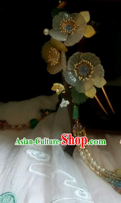 Chinese Handmade Shell Flowers Hairpin Traditional Ming Dynasty Pearls Tassel Hair Stick