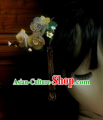 Chinese Handmade Shell Flowers Hairpin Traditional Ming Dynasty Pearls Tassel Hair Stick