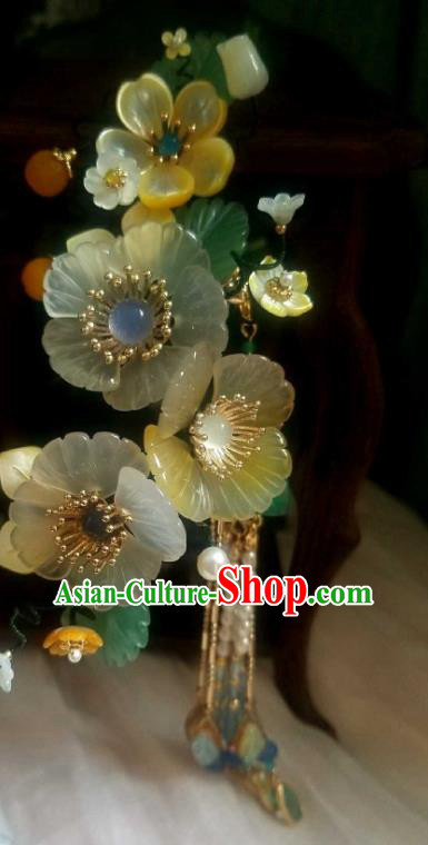 Chinese Handmade Shell Flowers Hairpin Traditional Ming Dynasty Pearls Tassel Hair Stick