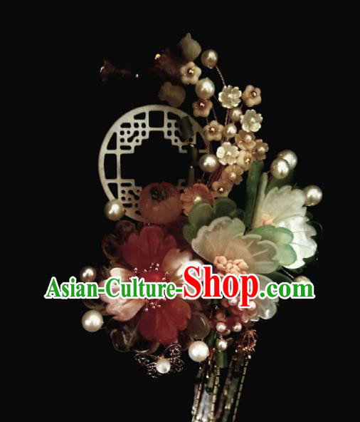Chinese Handmade Beads Tassel Hairpin Traditional Ming Dynasty Princess Shell Peony Hair Stick