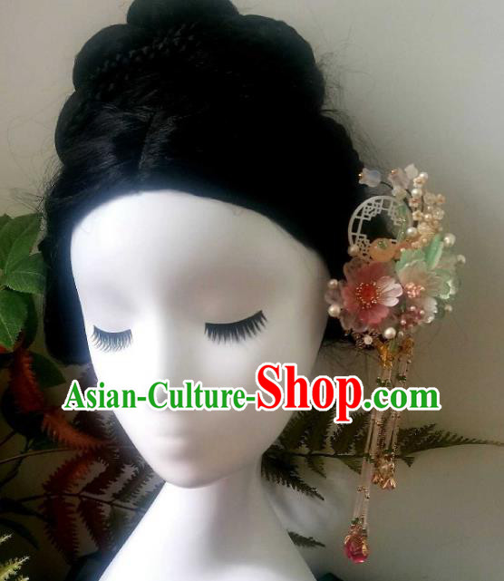Chinese Handmade Beads Tassel Hairpin Traditional Ming Dynasty Princess Shell Peony Hair Stick