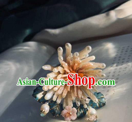 Chinese Handmade Pearls Hair Stick Traditional Song Dynasty Empress Shell Chrysanthemum Hairpin