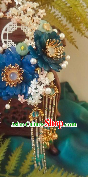 Chinese Handmade Blue Shell Peony Hairpin Traditional Ming Dynasty Princess Osmanthus Tassel Hair Stick