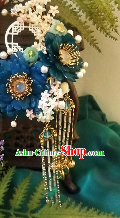 Chinese Handmade Blue Shell Peony Hairpin Traditional Ming Dynasty Princess Osmanthus Tassel Hair Stick