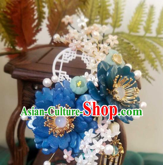 Chinese Handmade Blue Shell Peony Hairpin Traditional Ming Dynasty Princess Osmanthus Tassel Hair Stick