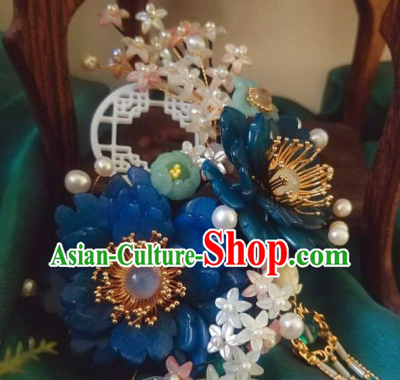 Chinese Handmade Blue Shell Peony Hairpin Traditional Ming Dynasty Princess Osmanthus Tassel Hair Stick