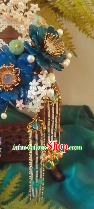 Chinese Handmade Blue Shell Peony Hairpin Traditional Ming Dynasty Princess Osmanthus Tassel Hair Stick