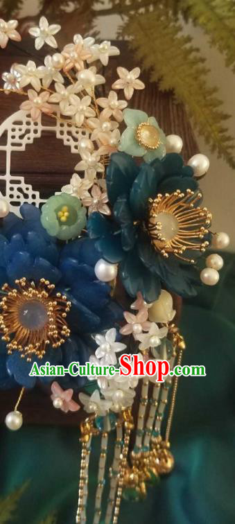 Chinese Handmade Blue Shell Peony Hairpin Traditional Ming Dynasty Princess Osmanthus Tassel Hair Stick
