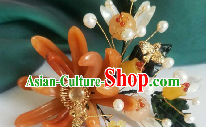 Chinese Handmade Ceregat Pearls Hairpin Traditional Ming Dynasty Princess Red Chrysanthemum Hair Stick