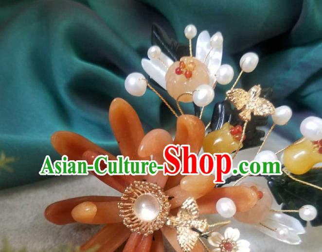 Chinese Handmade Ceregat Pearls Hairpin Traditional Ming Dynasty Princess Red Chrysanthemum Hair Stick