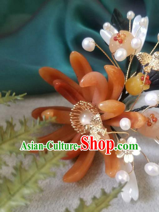 Chinese Handmade Ceregat Pearls Hairpin Traditional Ming Dynasty Princess Red Chrysanthemum Hair Stick