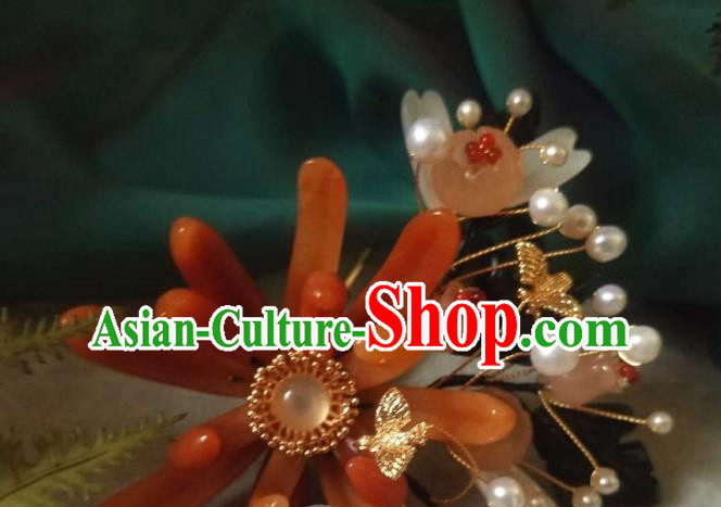 Chinese Handmade Ceregat Pearls Hairpin Traditional Ming Dynasty Princess Red Chrysanthemum Hair Stick