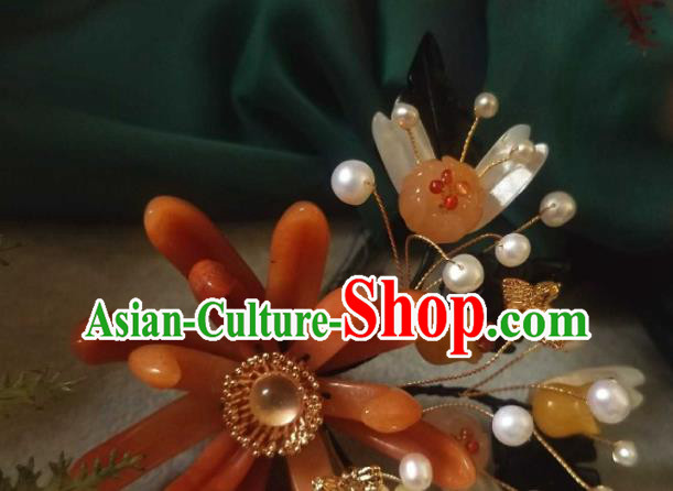 Chinese Handmade Ceregat Pearls Hairpin Traditional Ming Dynasty Princess Red Chrysanthemum Hair Stick