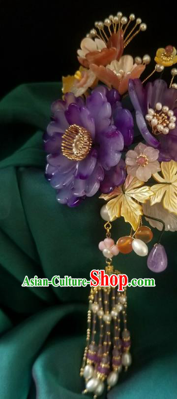 Chinese Handmade Purple Peony Hairpin Traditional Ming Dynasty Princess Pearls Tassel Hair Clip