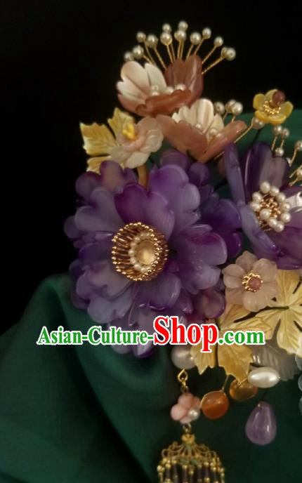 Chinese Handmade Purple Peony Hairpin Traditional Ming Dynasty Princess Pearls Tassel Hair Clip