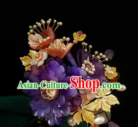 Chinese Handmade Purple Peony Hairpin Traditional Ming Dynasty Princess Pearls Tassel Hair Clip