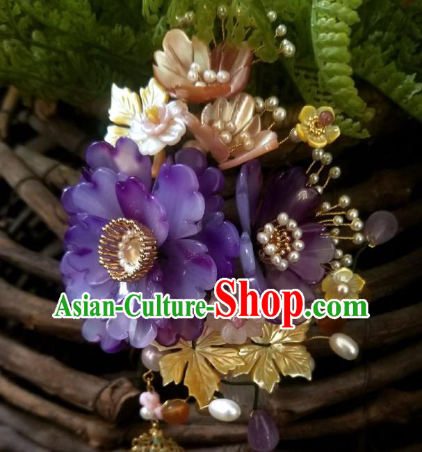 Chinese Handmade Purple Peony Hairpin Traditional Ming Dynasty Princess Pearls Tassel Hair Clip