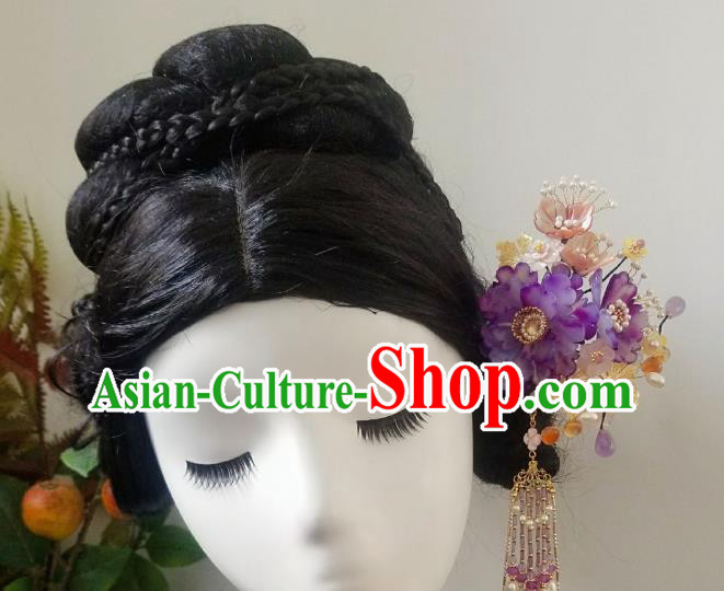 Chinese Handmade Purple Peony Hairpin Traditional Ming Dynasty Princess Pearls Tassel Hair Clip