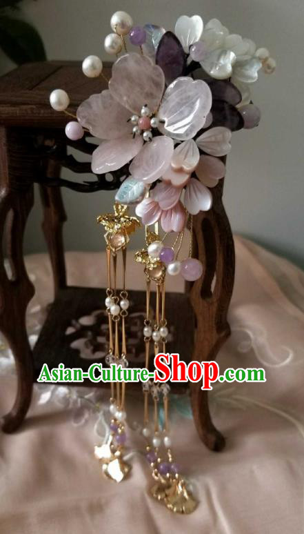 Chinese Handmade Peach Blossom Tassel Hairpin Traditional Song Dynasty Princess Rose Quartz Hair Stick