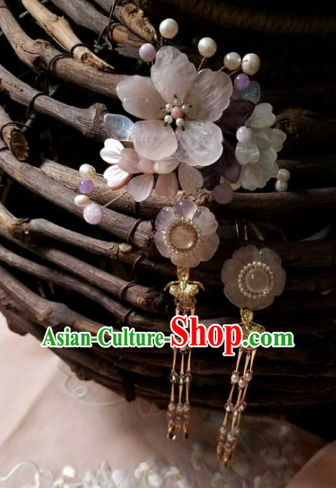 Chinese Handmade Peach Blossom Tassel Hairpin Traditional Song Dynasty Princess Rose Quartz Hair Stick