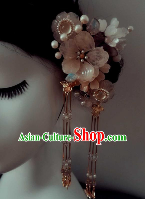 Chinese Handmade Peach Blossom Tassel Hairpin Traditional Song Dynasty Princess Rose Quartz Hair Stick