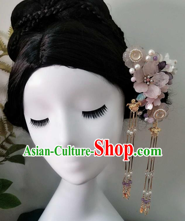 Chinese Handmade Peach Blossom Tassel Hairpin Traditional Song Dynasty Princess Rose Quartz Hair Stick