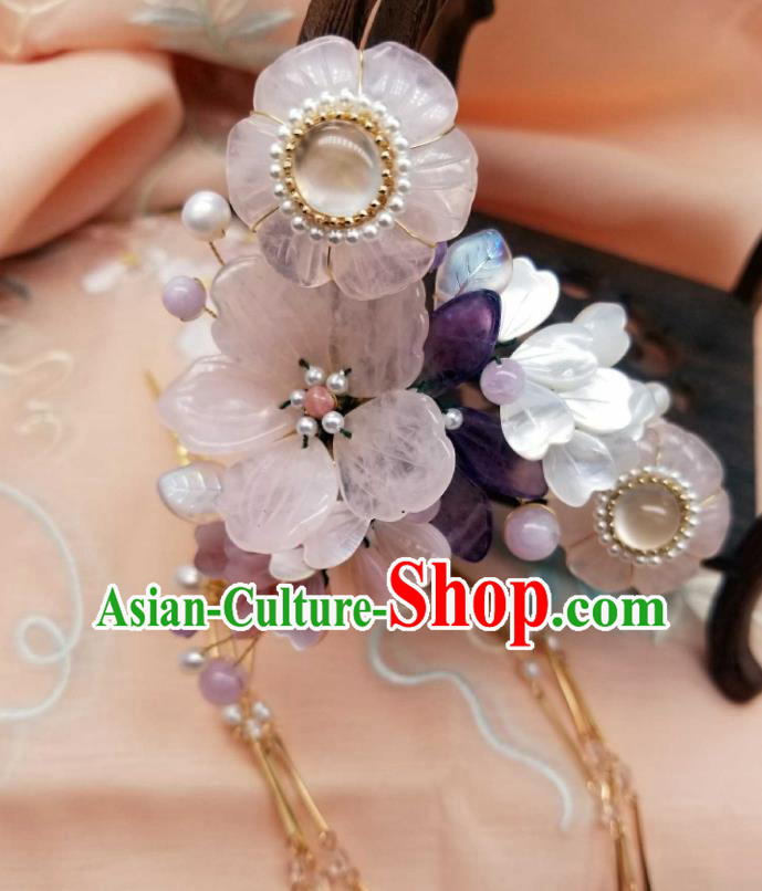 Chinese Handmade Peach Blossom Tassel Hairpin Traditional Song Dynasty Princess Rose Quartz Hair Stick