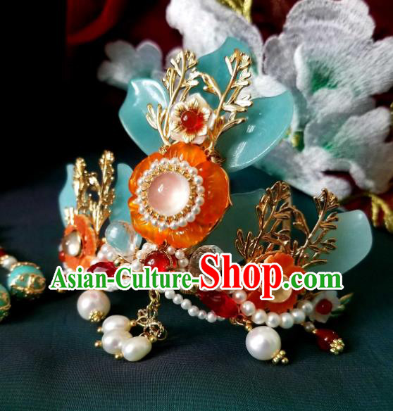 Chinese Handmade Pearls Hairpin Traditional Song Dynasty Princess Orange Chalcedony Hair Crown