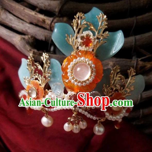 Chinese Handmade Pearls Hairpin Traditional Song Dynasty Princess Orange Chalcedony Hair Crown
