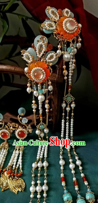 Chinese Handmade Pearls Tassel Hairpin Traditional Song Dynasty Princess Orange Chalcedony Plum Hair Stick