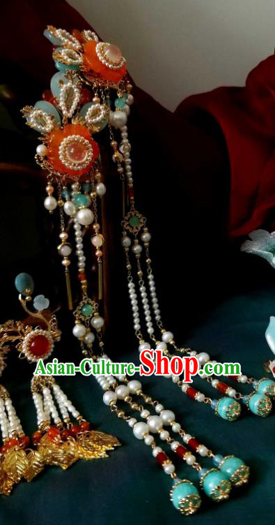 Chinese Handmade Pearls Tassel Hairpin Traditional Song Dynasty Princess Orange Chalcedony Plum Hair Stick