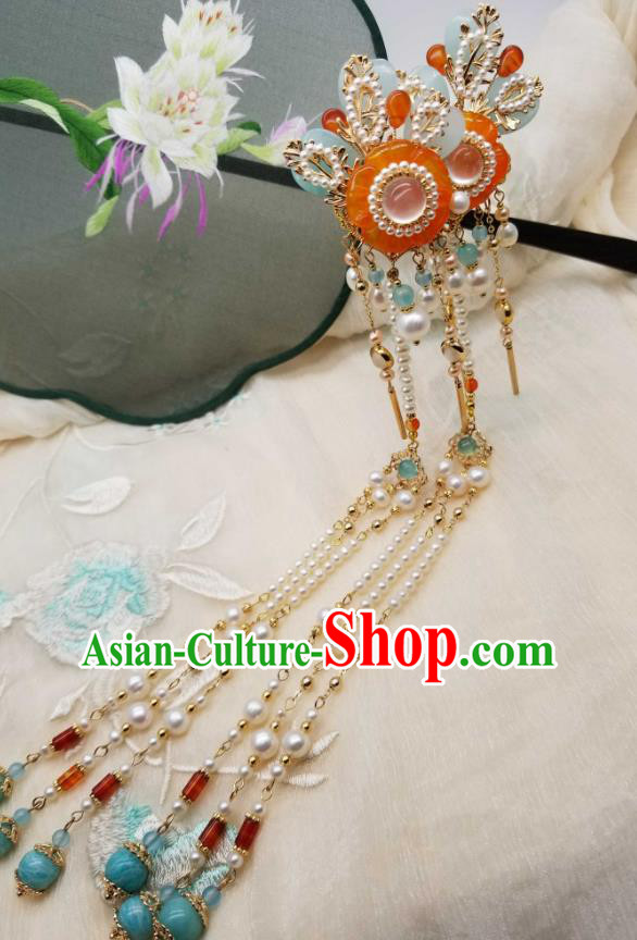 Chinese Handmade Pearls Tassel Hairpin Traditional Song Dynasty Princess Orange Chalcedony Plum Hair Stick