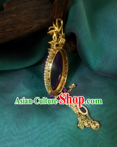 China Traditional Carving Peony Necklace Pendant Accessories Handmade Amethyst Tassel Necklet