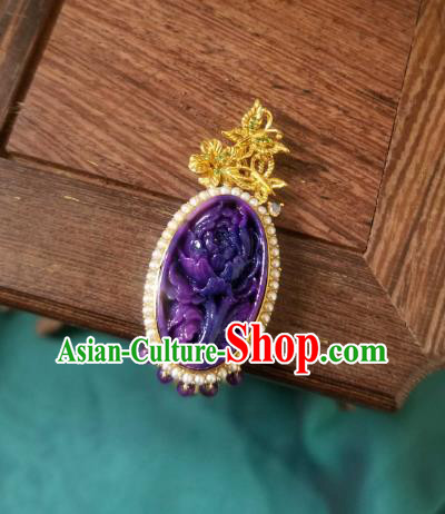 China Traditional Carving Peony Necklace Pendant Accessories Handmade Amethyst Tassel Necklet
