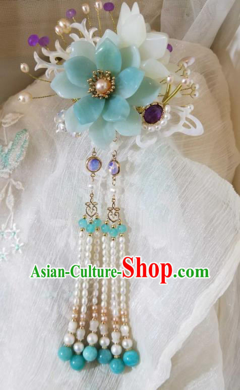 Chinese Handmade Blue Flower Hairpin Traditional Ming Dynasty Princess Amazonite Tassel Hair Stick
