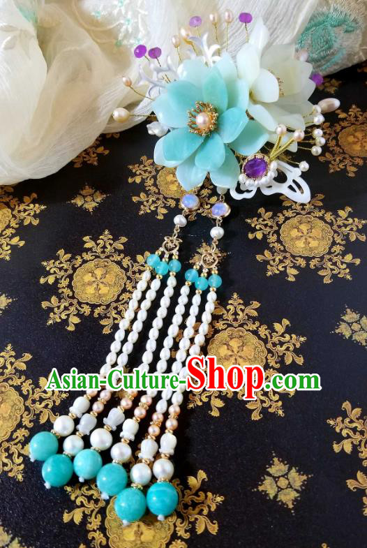 Chinese Handmade Blue Flower Hairpin Traditional Ming Dynasty Princess Amazonite Tassel Hair Stick
