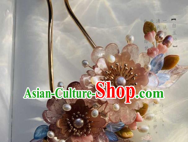 Chinese Handmade Rose Quartz Peony Hair Stick Traditional Ming Dynasty Princess Pearls Tassel Hairpin
