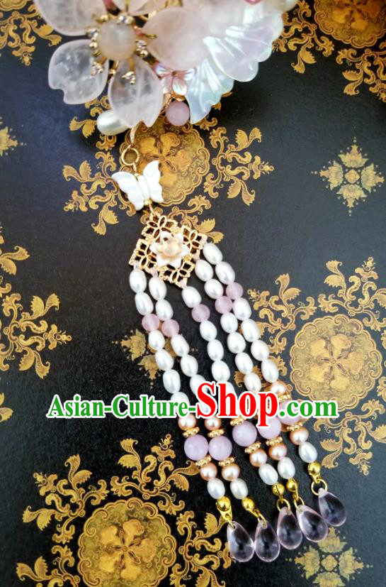 Chinese Handmade Rose Quartz Tassel Hairpin Traditional Ming Dynasty Princess Cherry Blossom Hair Stick